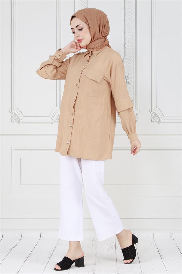 تونيك بأكمام متعددة الطبقات-لون بني حليبي