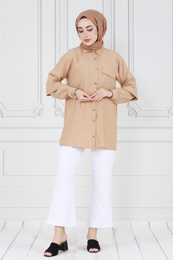 تونيك بأكمام متعددة الطبقات-لون بني حليبي