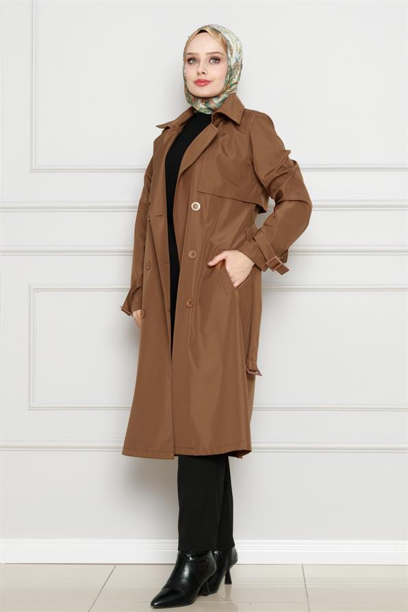 معطف واق من المطر مع تفاصيل حزام - بني فاتح اللون 