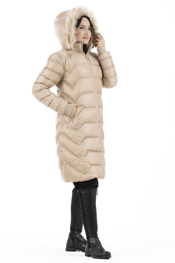 Elastic Cuff Puffer Coat-Beige