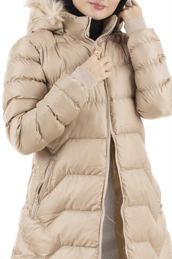 Elastic Cuff Puffer Coat-Beige