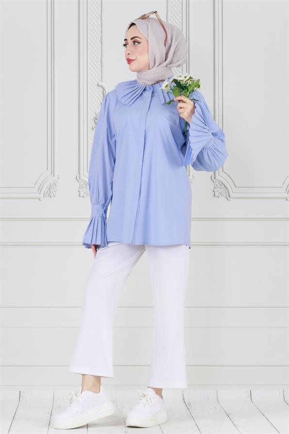 قميص بأكمام مطوية - أزرق فاتح