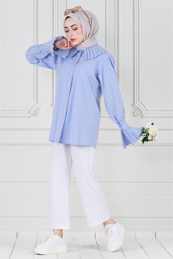 قميص بأكمام مطوية - أزرق فاتح