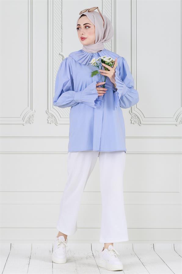 قميص بأكمام مطوية - أزرق فاتح