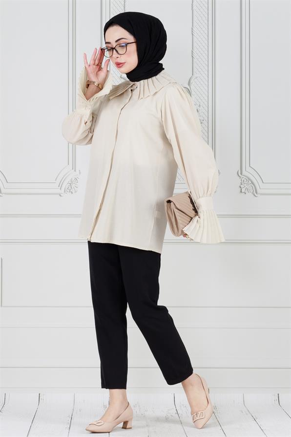 Pleated sleeves shirt -beige