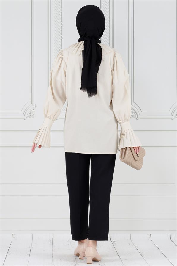 Pleated sleeves shirt -beige