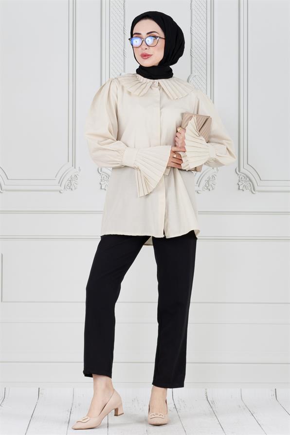 Pleated sleeves shirt -beige