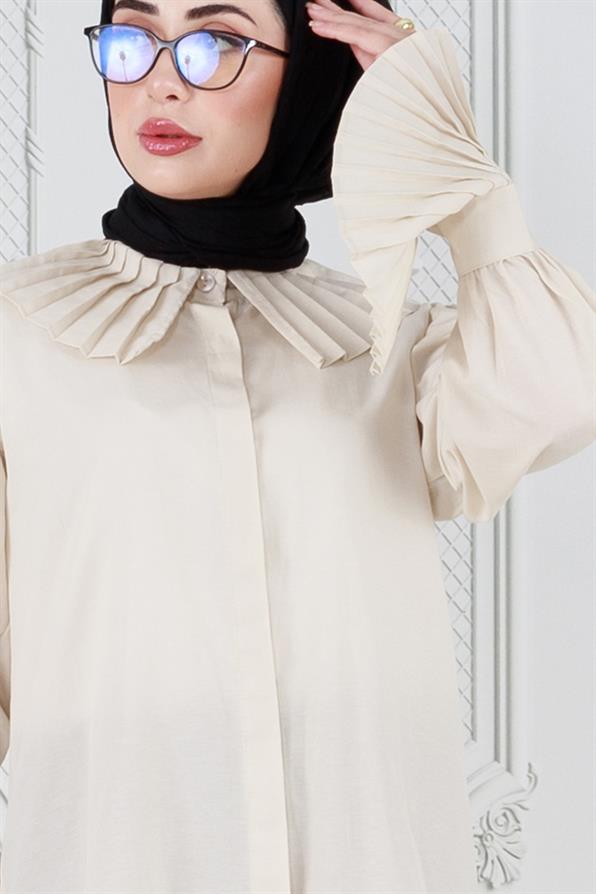 Pleated sleeves shirt -beige