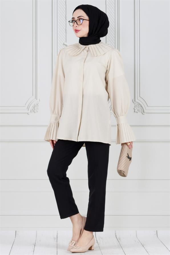 Pleated sleeves shirt -beige