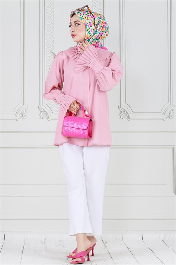 Pleated collar and sleeves shirt - Pink