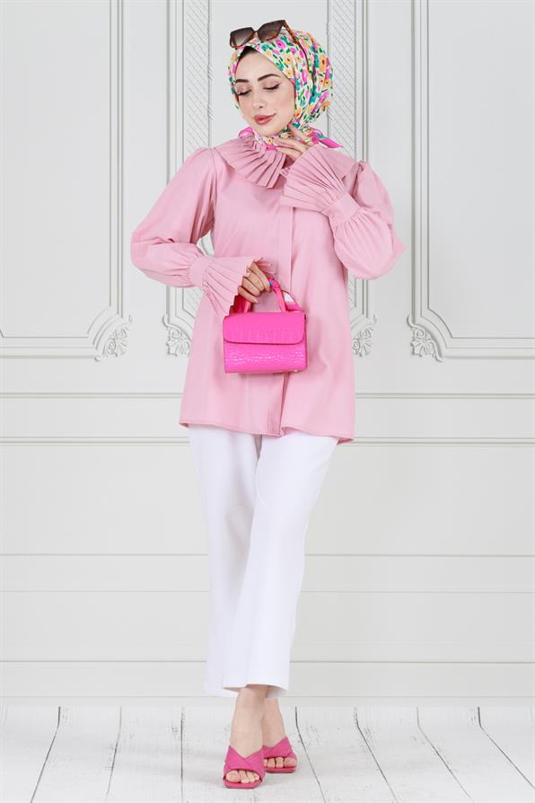 Pleated collar and sleeves shirt - Pink