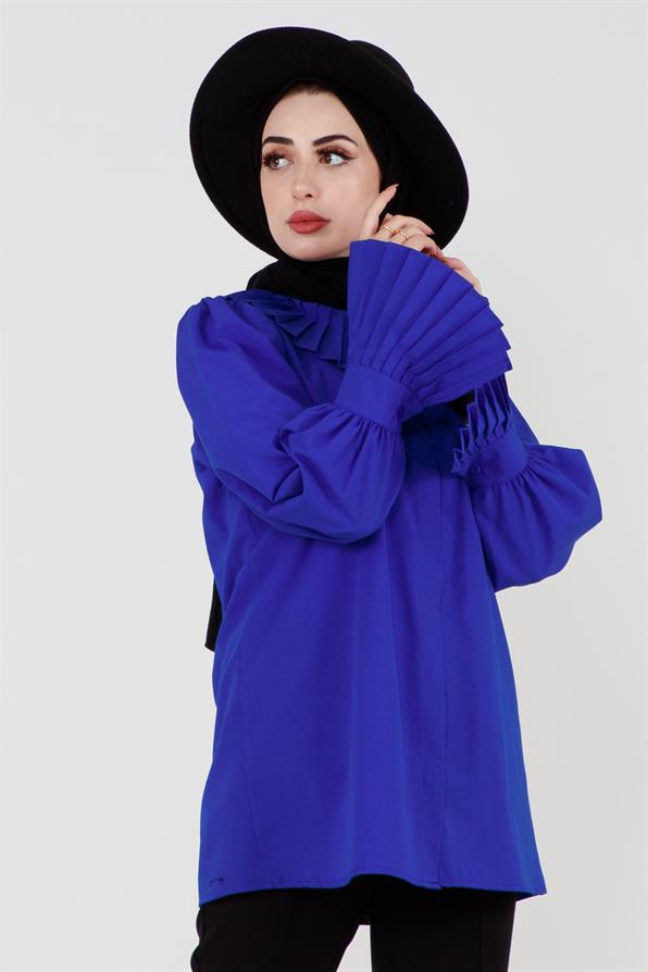 قميص بأكمام مزينة - أزرق ساكس