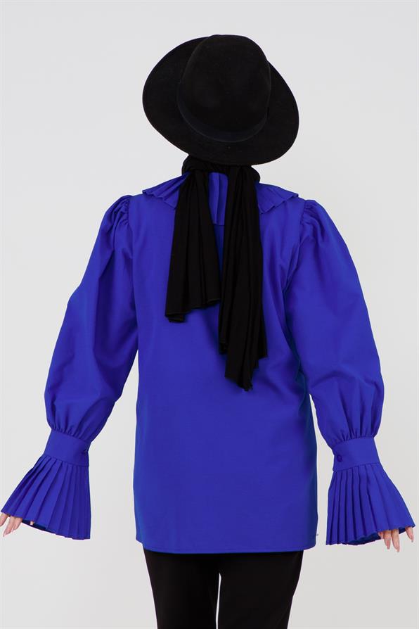 قميص بأكمام مزينة - أزرق ساكس