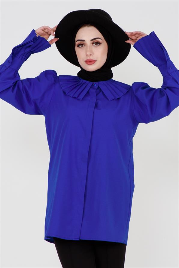 قميص بأكمام مزينة - أزرق ساكس