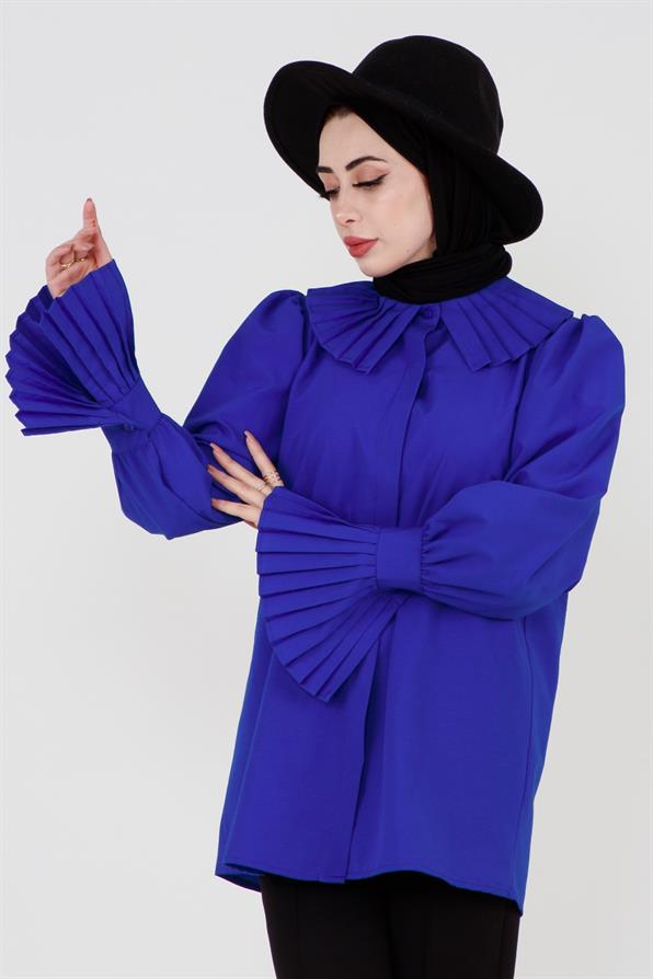 قميص بأكمام مزينة - أزرق ساكس