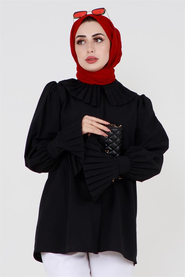 Shirt with Pleated Sleeves - Black