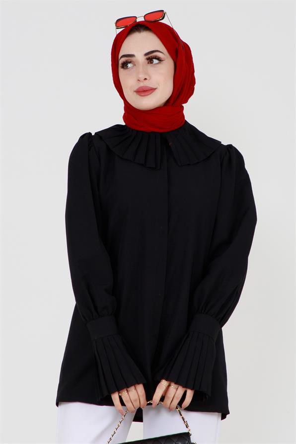 Shirt with Pleated Sleeves - Black