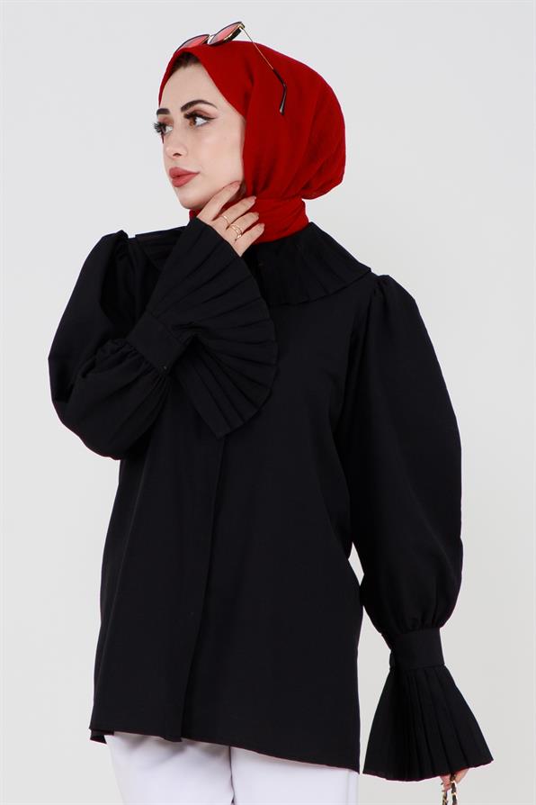 Shirt with Pleated Sleeves - Black