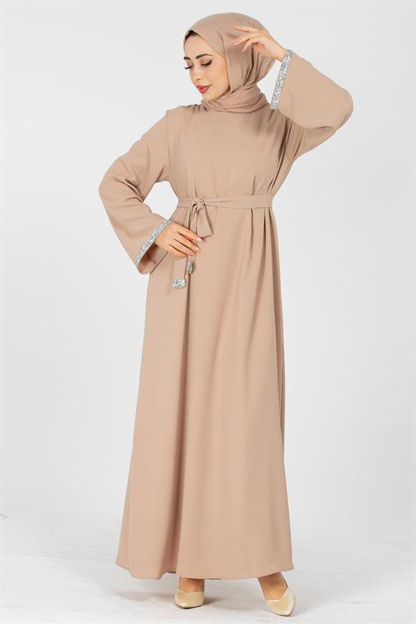 Arm Stone Embellished Dress - Beige