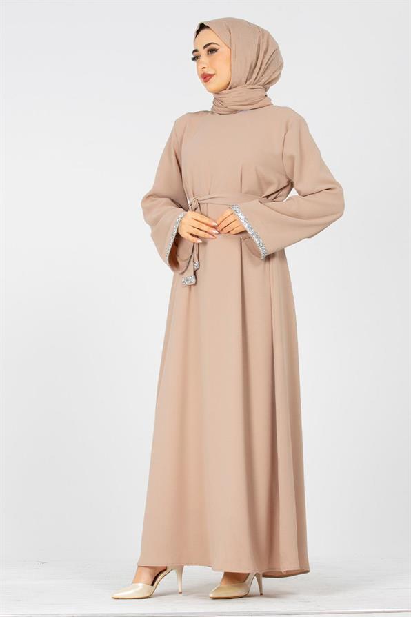 Arm Stone Embellished Dress - Beige