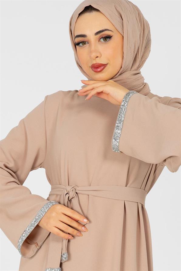 Arm Stone Embellished Dress - Beige