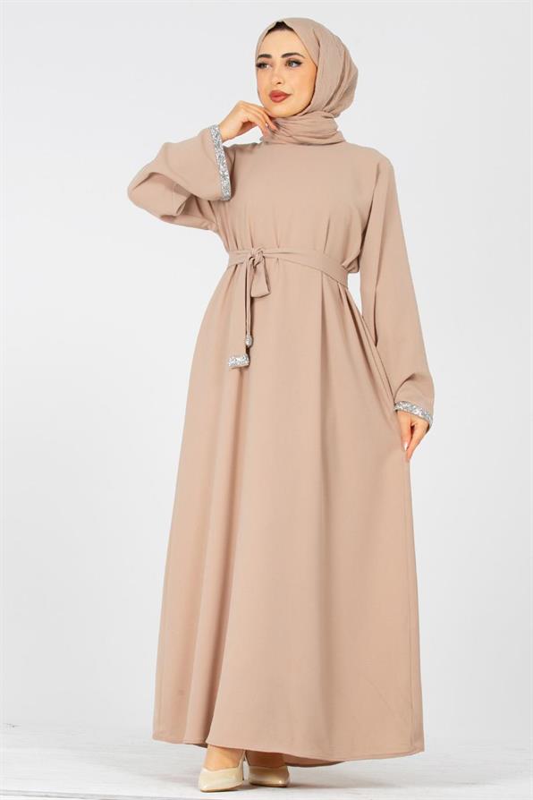 Arm Stone Embellished Dress - Beige