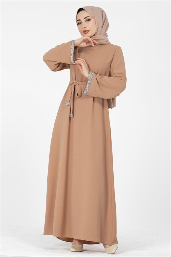Arm Stone Embellished Dress - Light Brown