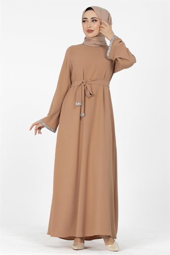Arm Stone Embellished Dress - Light Brown