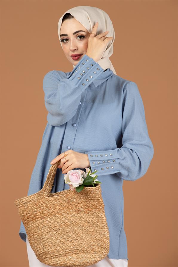 Stone Embellished Tunic-Light Blue