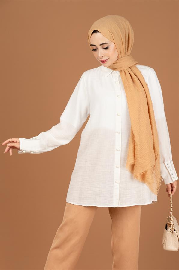 Kolu Taşlı Tunik-Beyaz