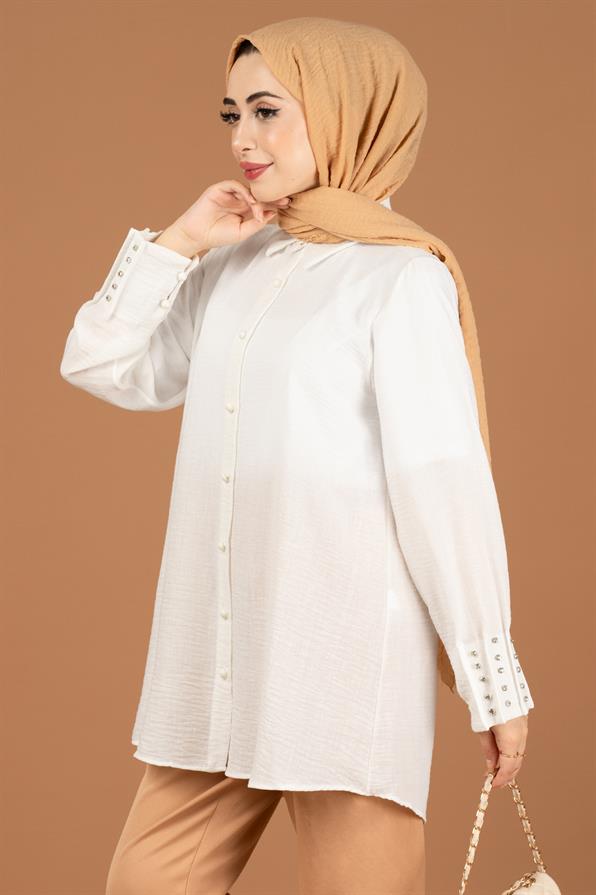 Kolu Taşlı Tunik-Beyaz