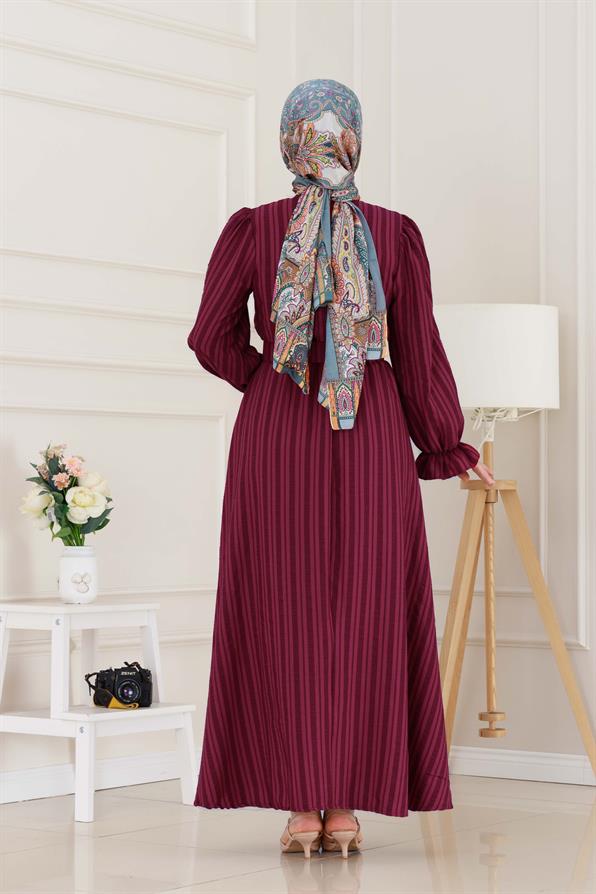 Kolu Volanlı Kemerli Henna Elbise-Bordo