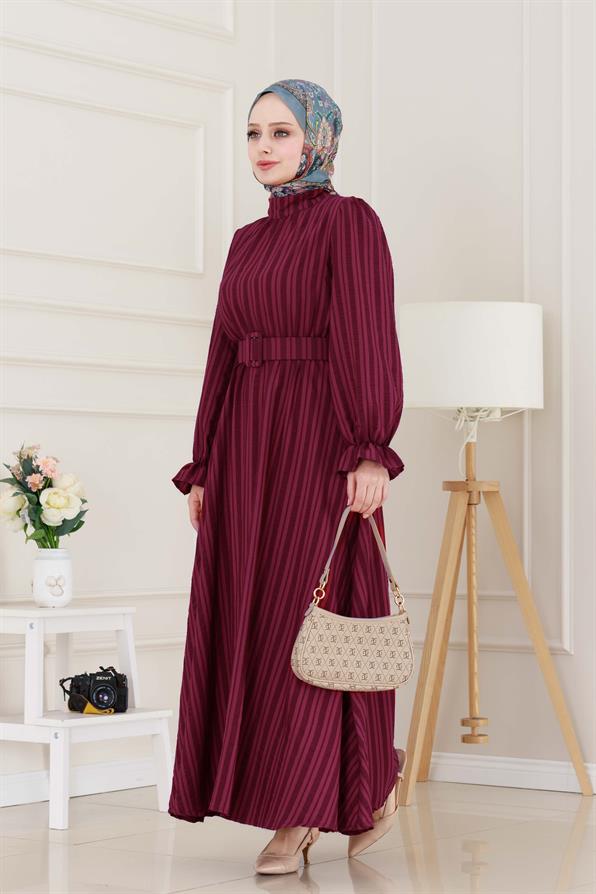 Kolu Volanlı Kemerli Henna Elbise-Bordo