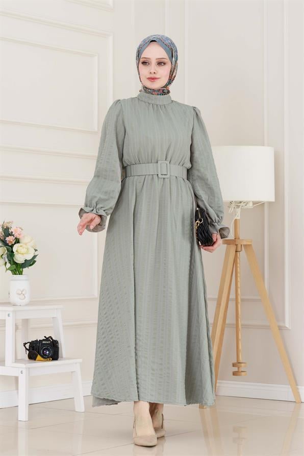 Kolu Volanlı Kemerli Henna Elbise-Mint Yeşili