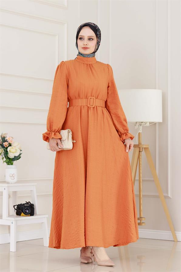 Kolu Volanlı Kemerli Henna Elbise-Turuncu