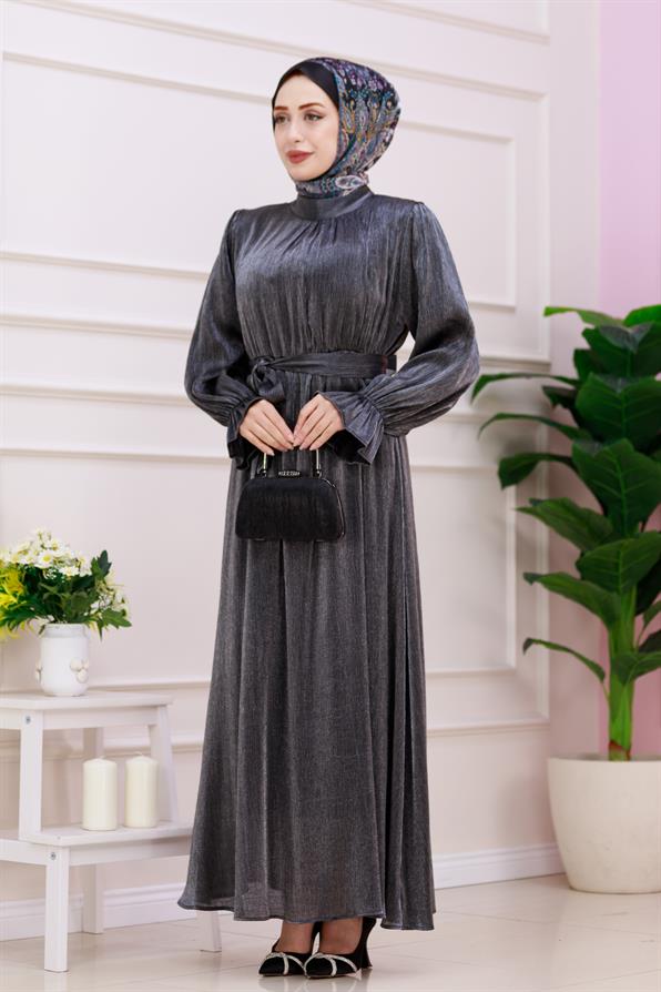 فستان سهرة لامع بأكمام منسدلة - لون أنثراسايت