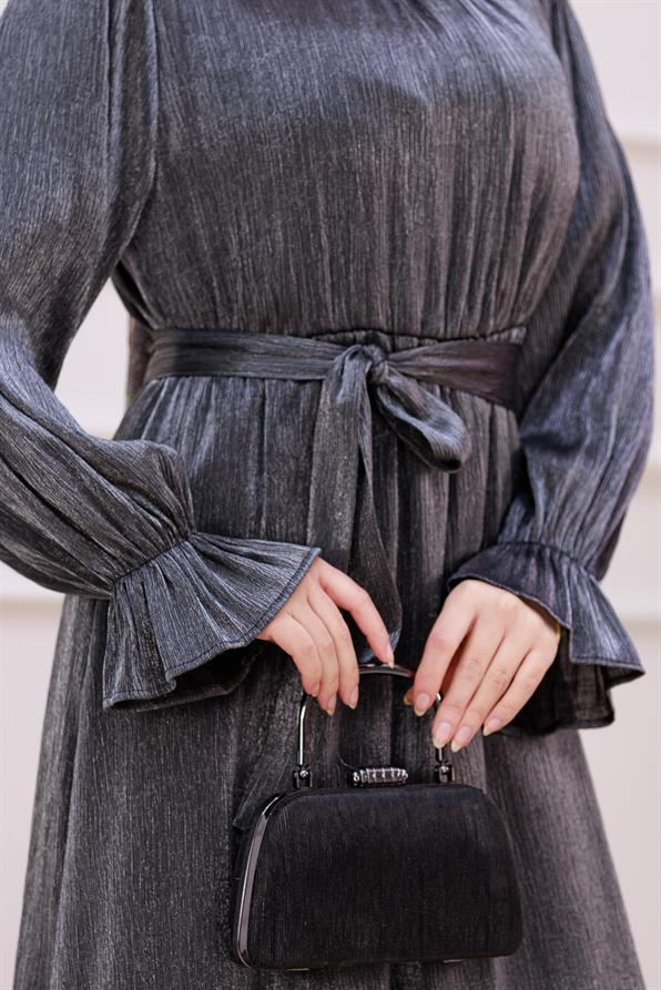 فستان سهرة لامع بأكمام منسدلة - لون أنثراسايت