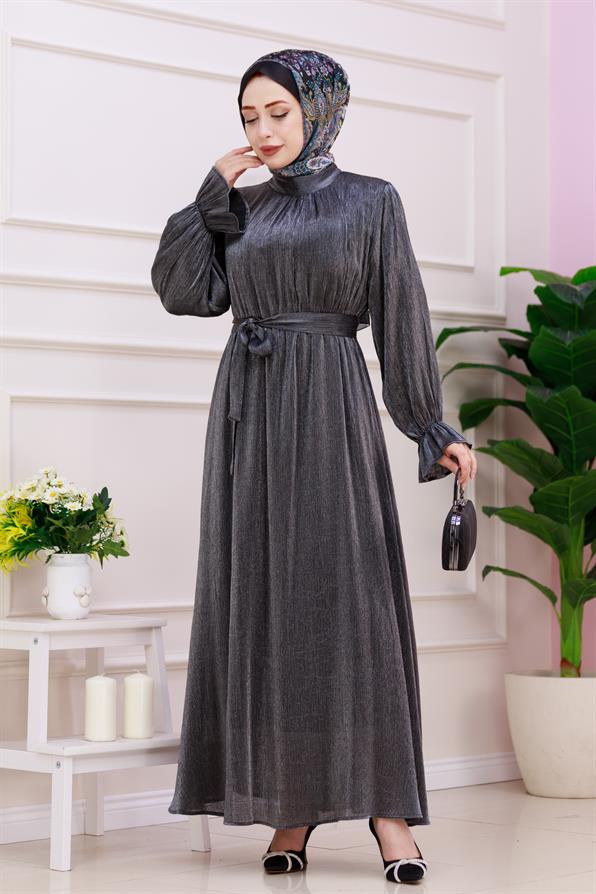 فستان سهرة لامع بأكمام منسدلة - لون أنثراسايت