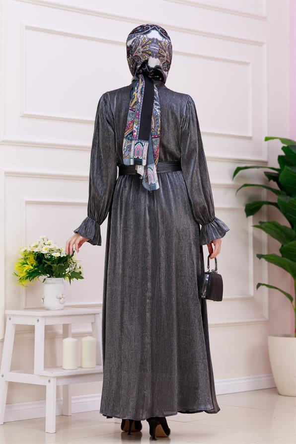 فستان سهرة لامع بأكمام منسدلة - لون أنثراسايت