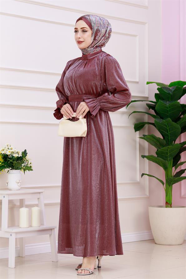 فستان سهرة لامع بأكمام منسدلة - اللون العنابي