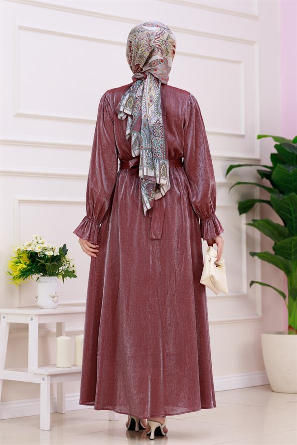 فستان سهرة لامع بأكمام منسدلة - اللون العنابي