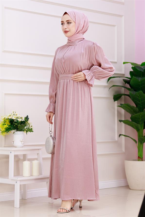 فستان سهرة لامع بأكمام منسدلة - لون وردي
