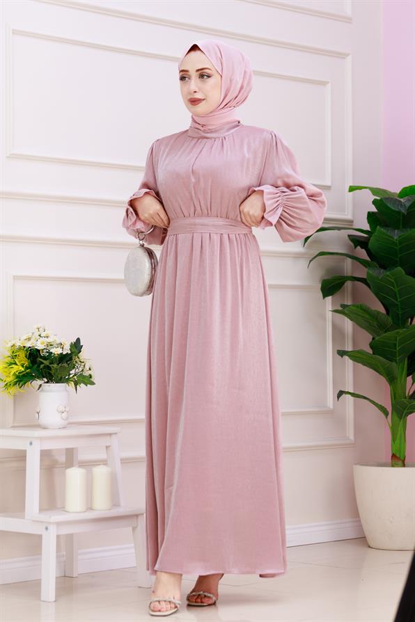 فستان سهرة لامع بأكمام منسدلة - لون وردي