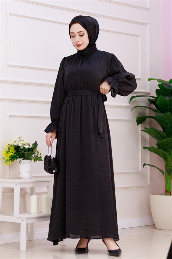 فستان سهرة لامع بأكمام منسدلة - لون أسود