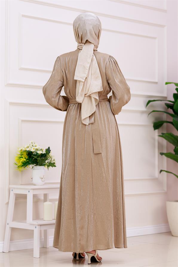 فستان سهرة لامع بأكمام منسدلة - لون المنك