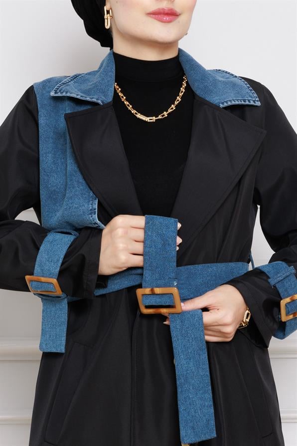 معطف واق من المطر بتفاصيل عصرية -اسود  غامق اللون