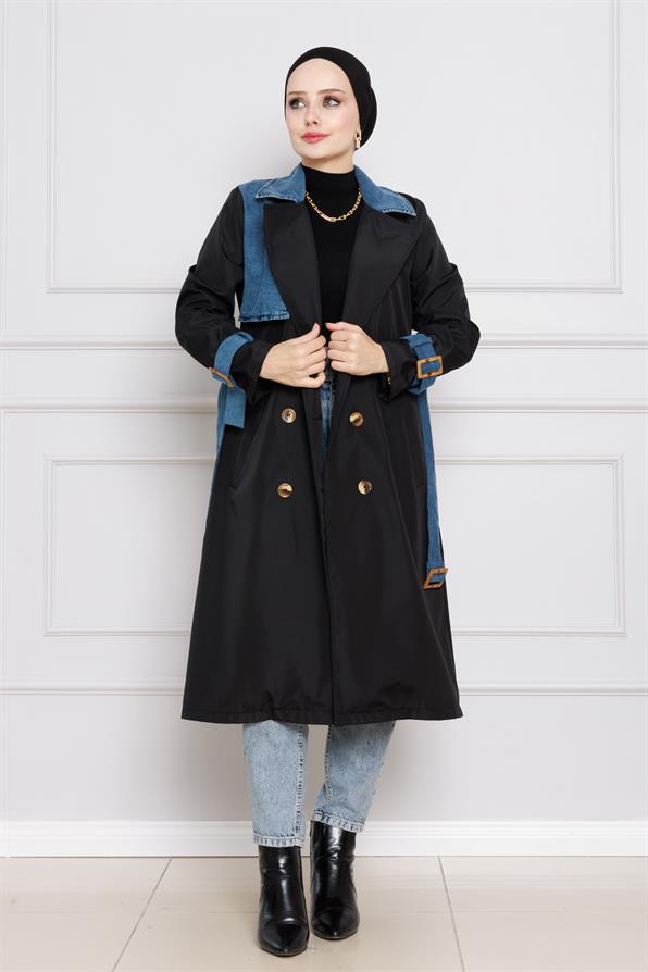 معطف واق من المطر بتفاصيل عصرية -اسود  غامق اللون