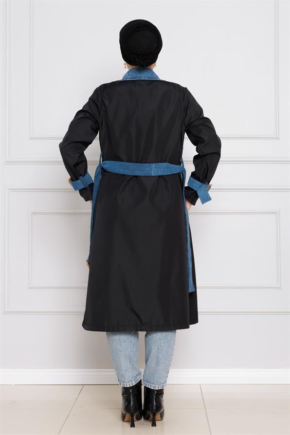معطف واق من المطر بتفاصيل عصرية -اسود  غامق اللون