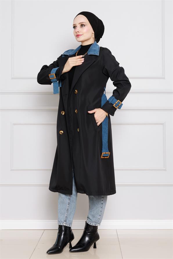 معطف واق من المطر بتفاصيل عصرية -اسود  غامق اللون