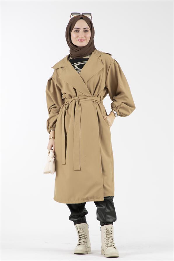 Kruvaze Yaka Lidya Trençkot-Camel